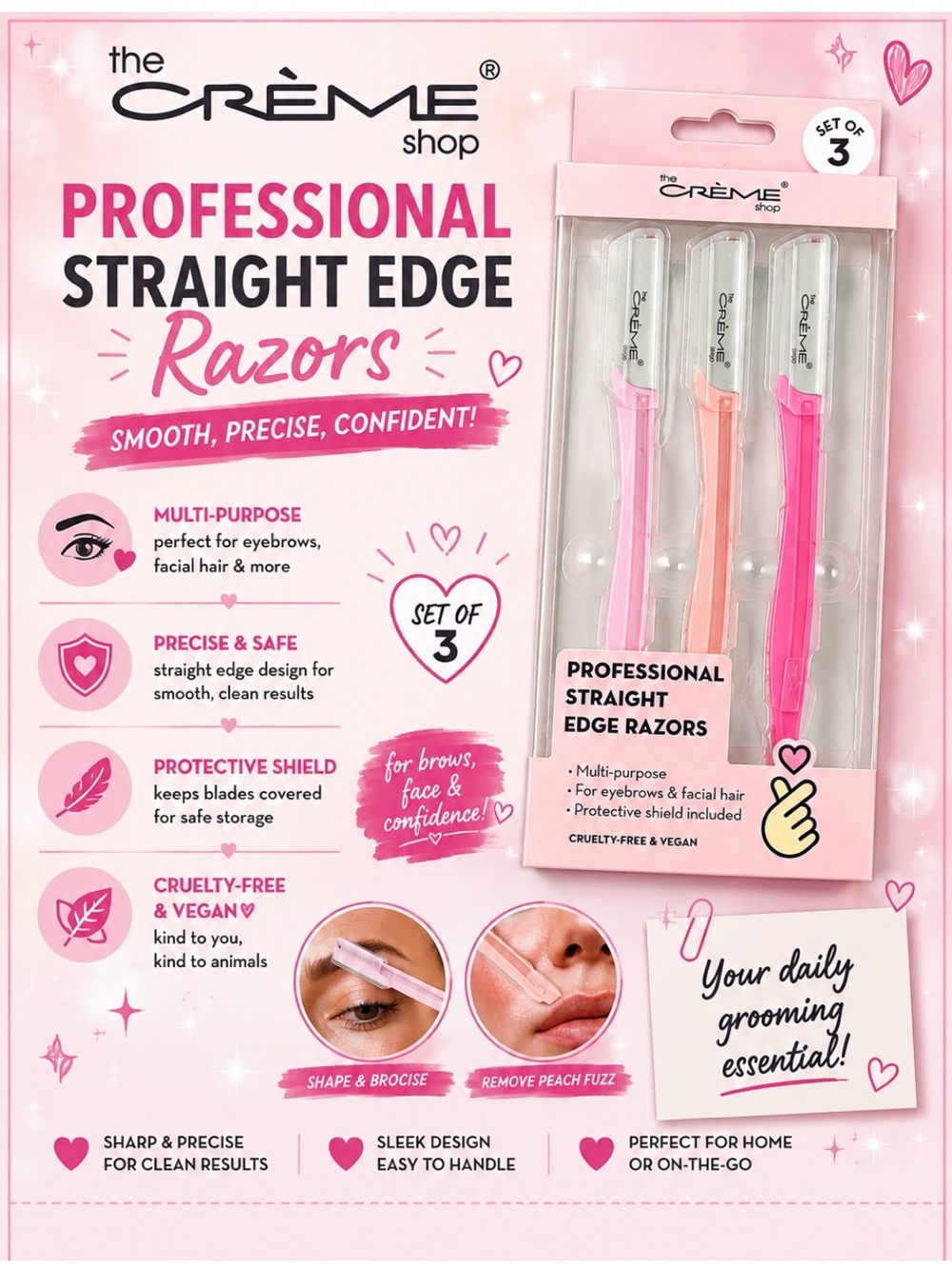 The Crème Shop Professional Straight Edge Razors - Set of 3